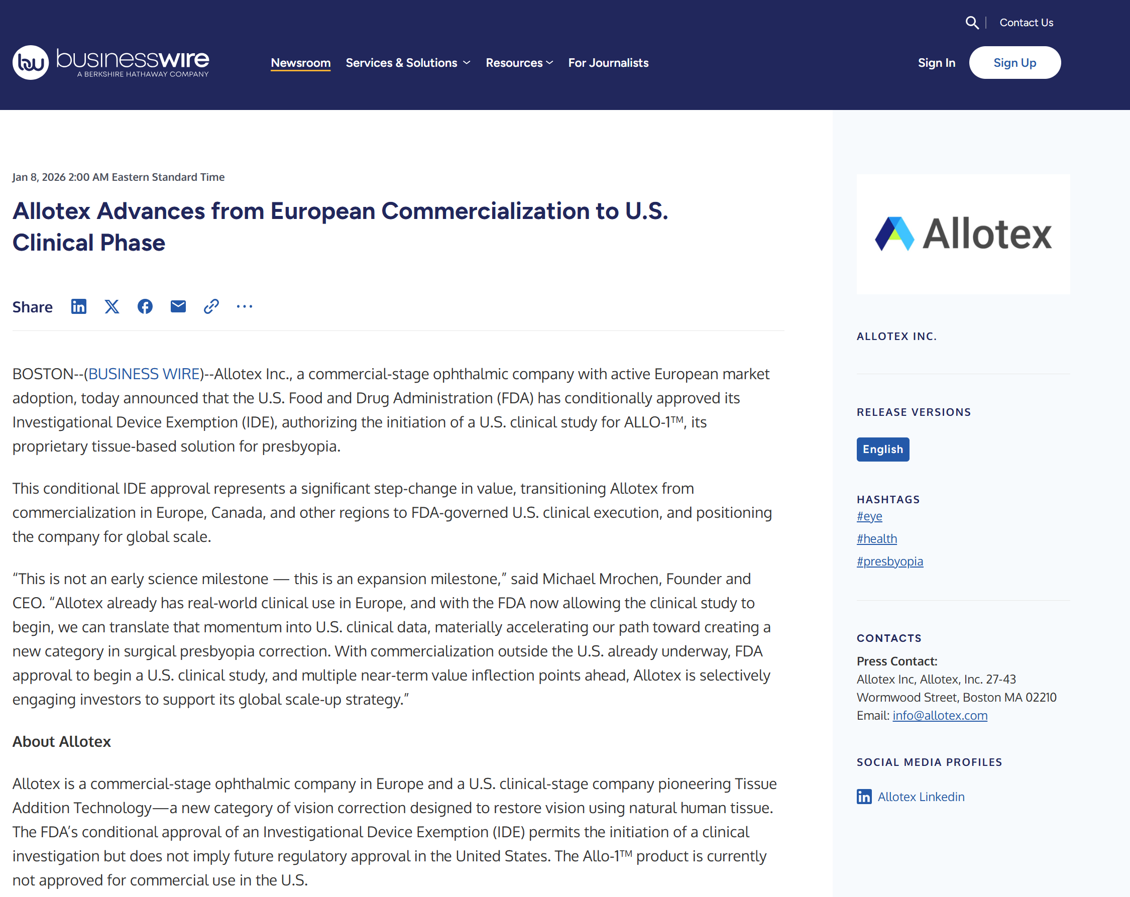 screenshot of article 260108 - Allotex Europe